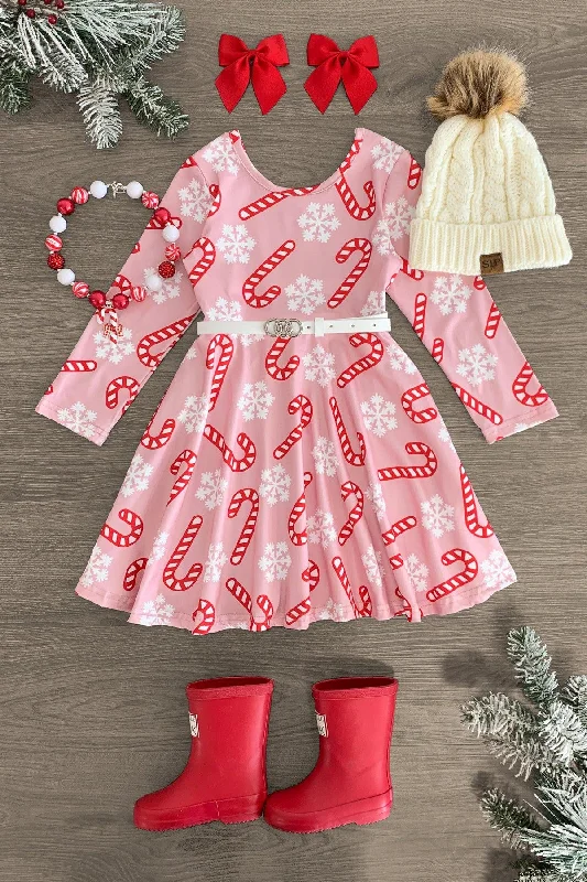 Modern Women's Fashion with Vintage Touches Pink Snowflake Candy Cane Dress