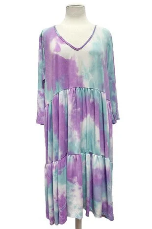 Affordable Women's Clothing Online Tiered Ruffled Tie Dye Dress 3Qtr Sleeves