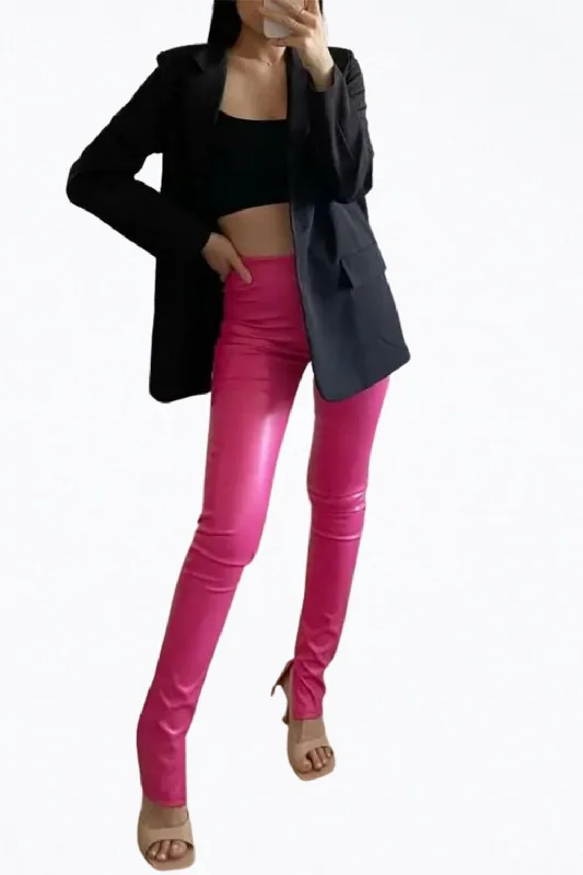 High-Rise Vegan Leather Side Split-Hem Pants In Hot Pink