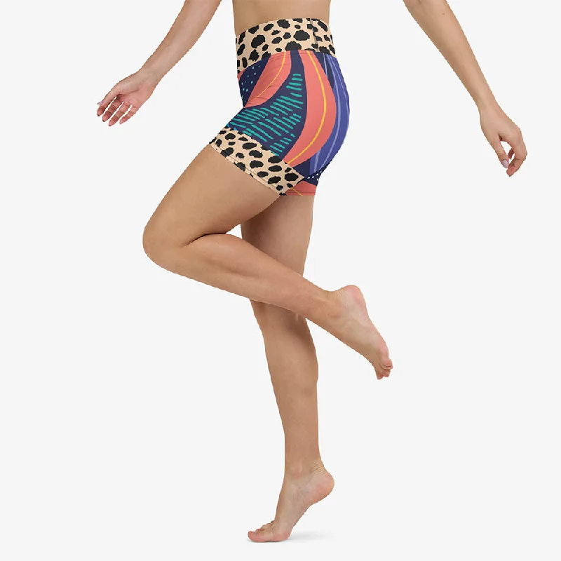 Animal Printed Yoga Shorts "Animal Leaves" Blue/Orange/Green