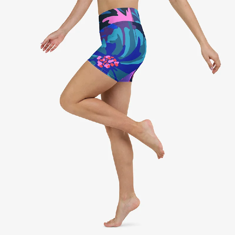 Floral Yoga Shorts "Flower Splash" Blue/Pink