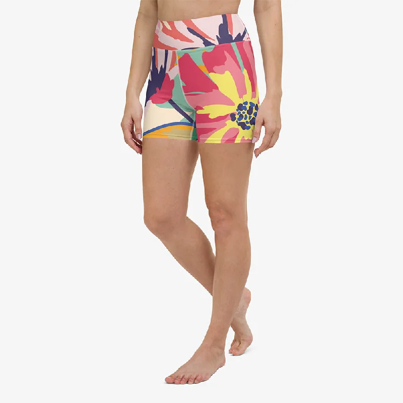 Flower Yoga Shorts "Flower Splash" Red/Yellow/Blue