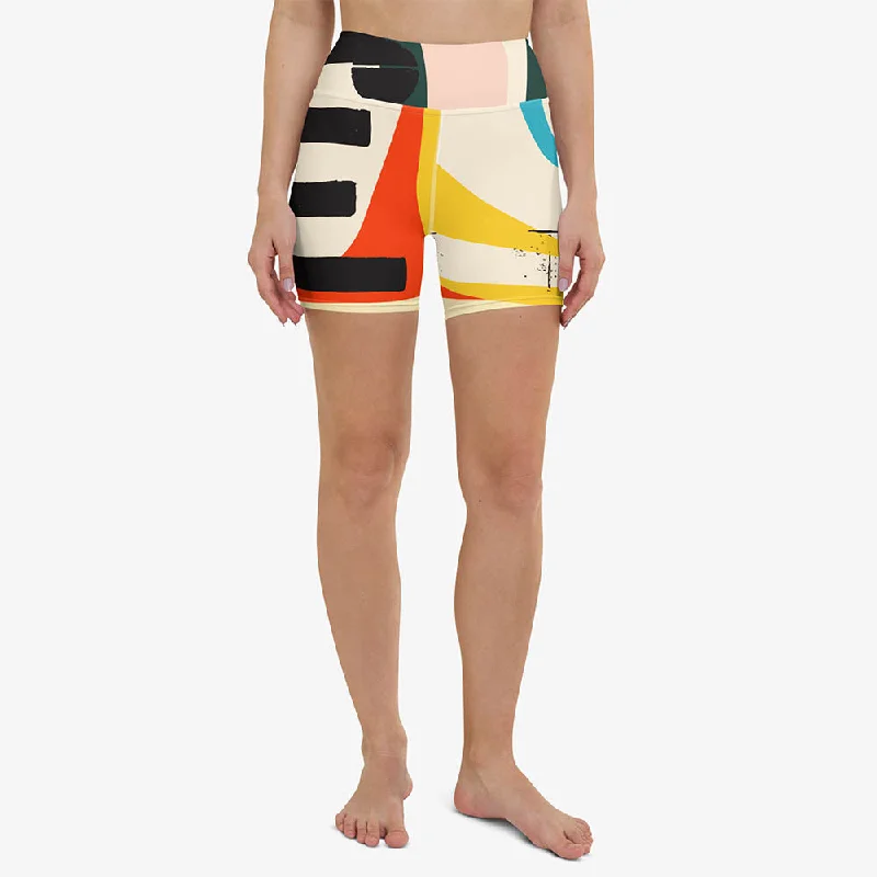 Printed Yoga Shorts "Stripe Art" Black/Red/Yellow