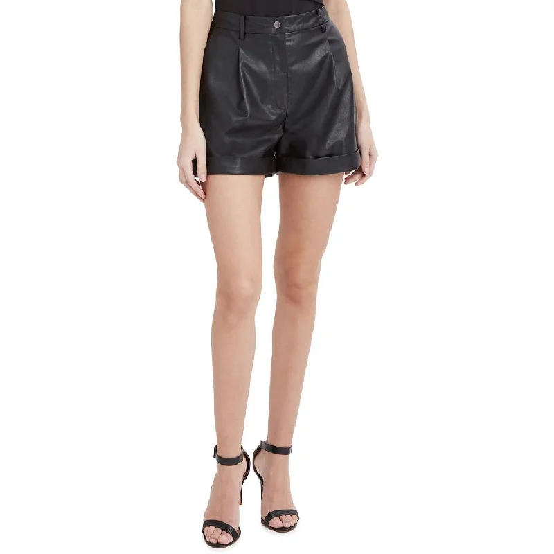 Womens Faux Leather Pleated High-Waist Shorts